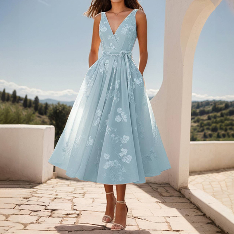 Women's Bow Belt Digital Print Sleeveless V-neck Midi Dress