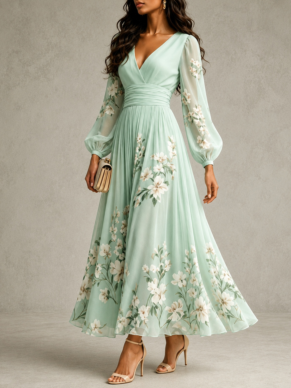 Elegant Floral Print Long-sleeved V-neck Pleated Dress