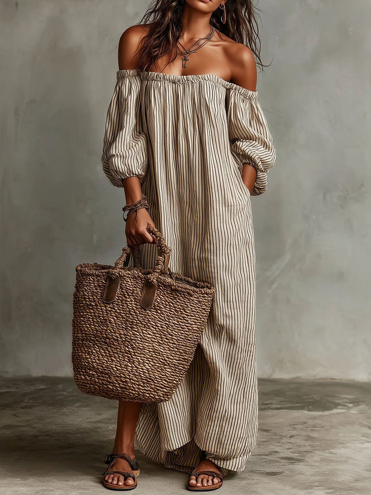 Vacation Striped Off-shoulder Cotton Linen Resort Style Maxi Dress