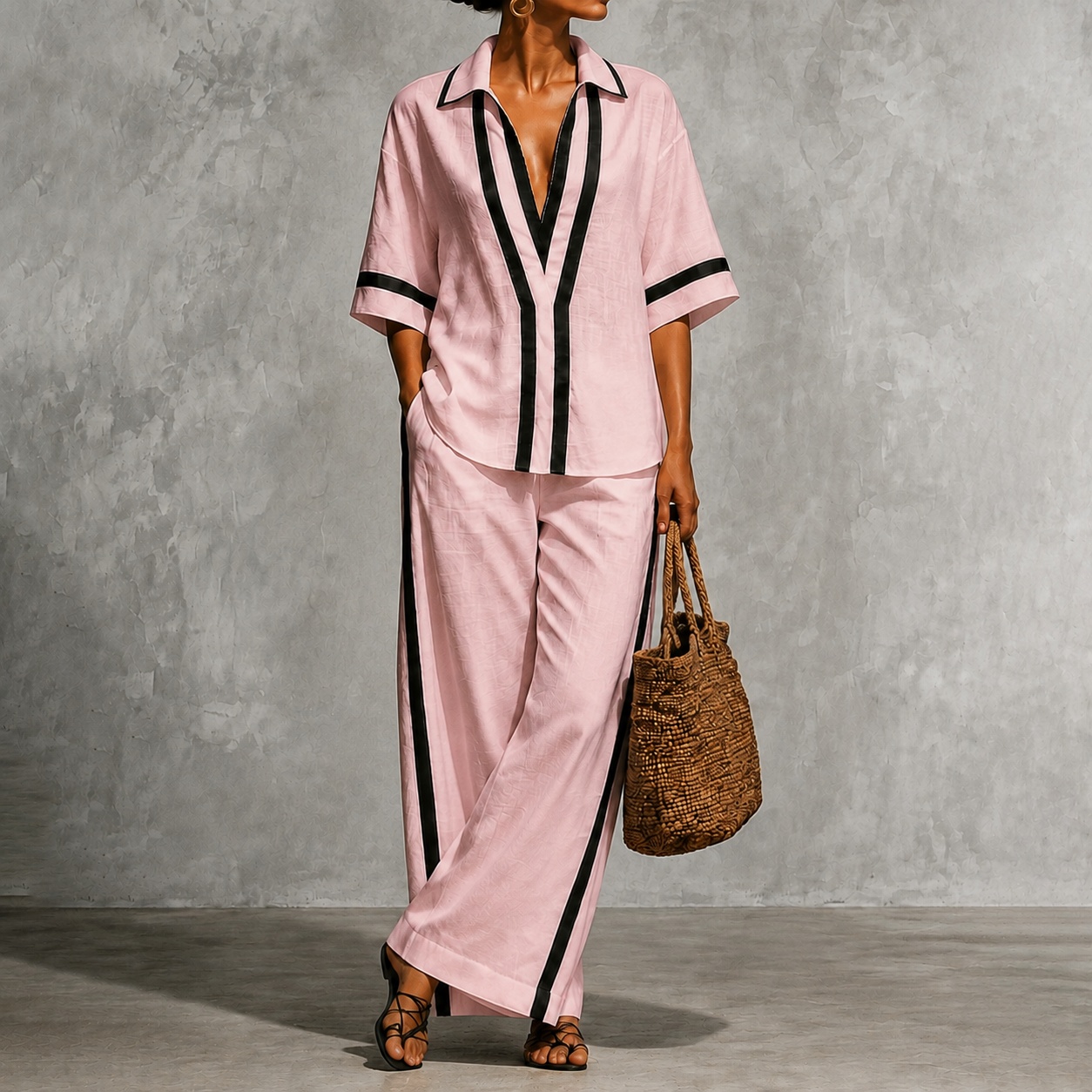 Elegance Two-piece Set Of Color-blocked Short-sleeved Shirt And Wide-leg Pants