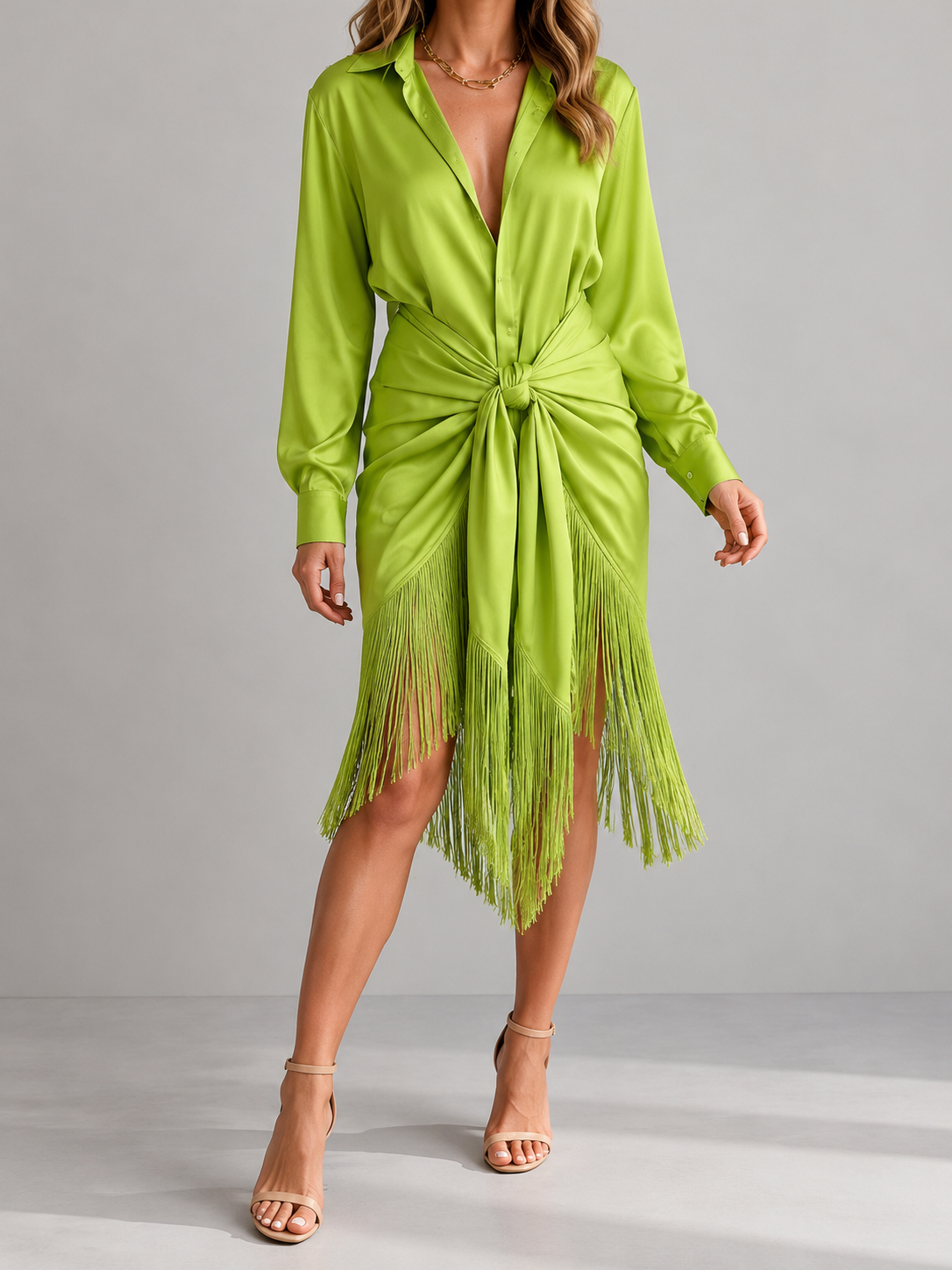 Women's Fall Winter Cozy Fringed Hem Satin Shirt Dress