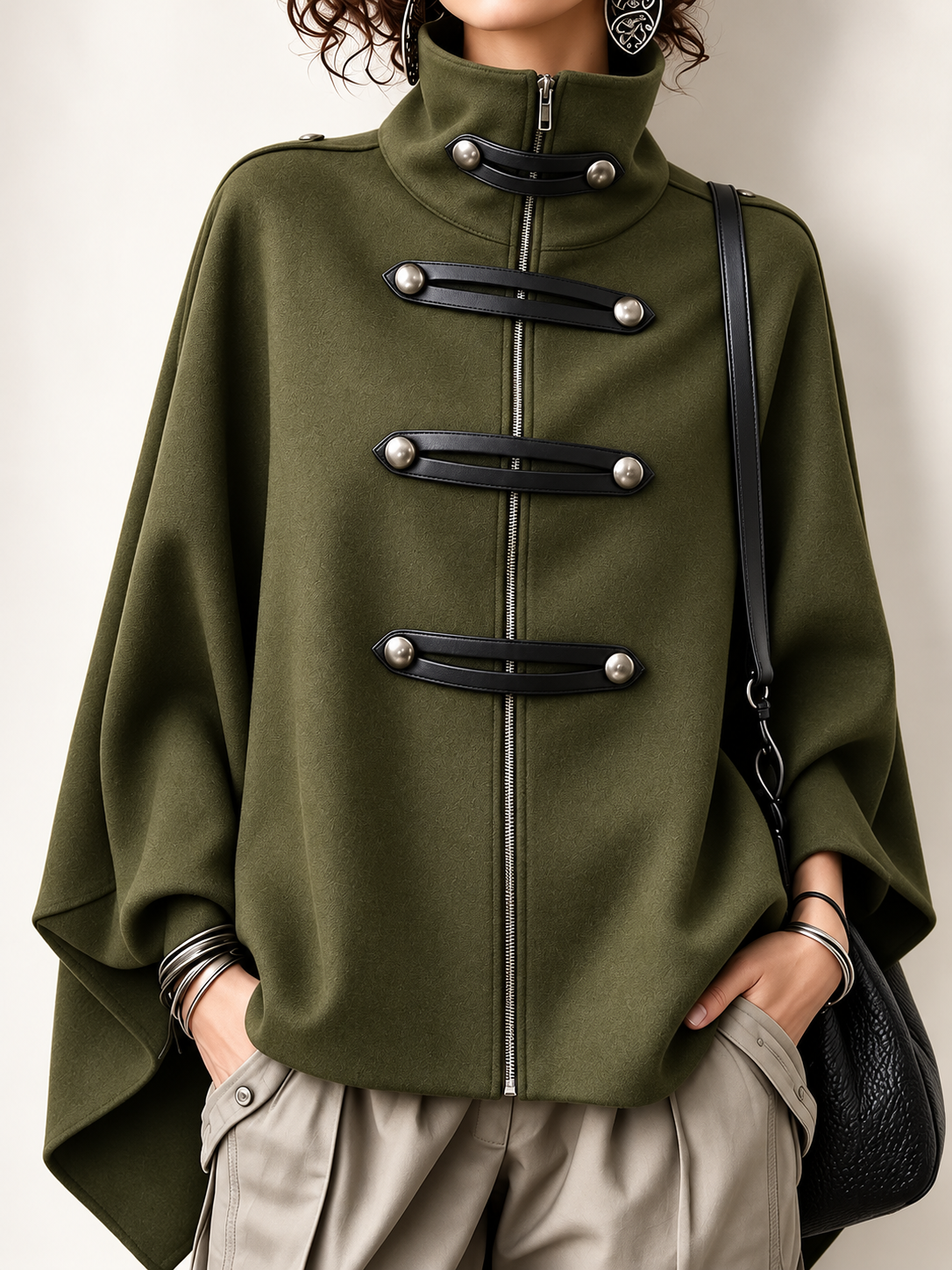 Women's Fall Winter Cozy Stand-collar Stud-embellished Zippered Cape Coat