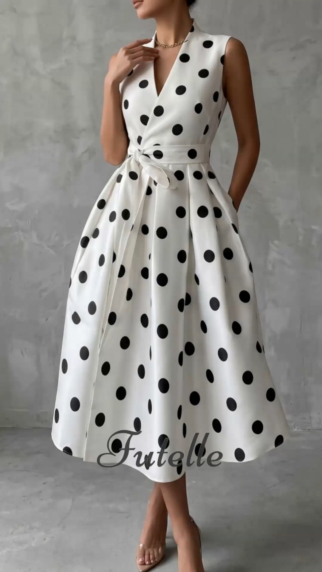 Retro French Lace-up Polka-dot Midi Dress