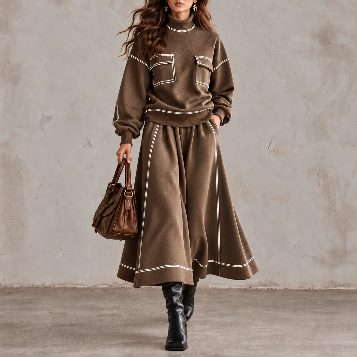 High-neck Color-block Top And Loose Wide-hem Skirt Two-piece Set