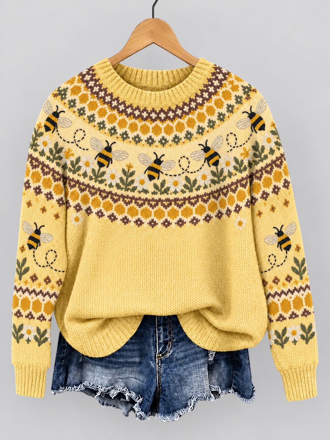 Women's Retro Cute Bee Ethnic Pattern Cozy Fair Isle Style Knit Sweater