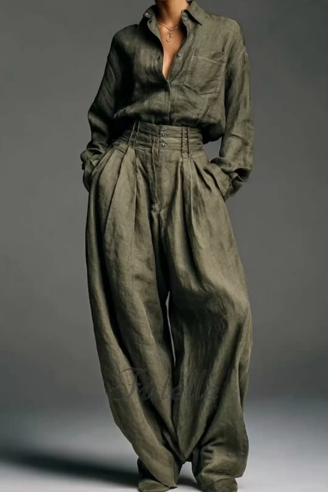 Vintage Classy Blouse & Trousers Linen Two Piece Set