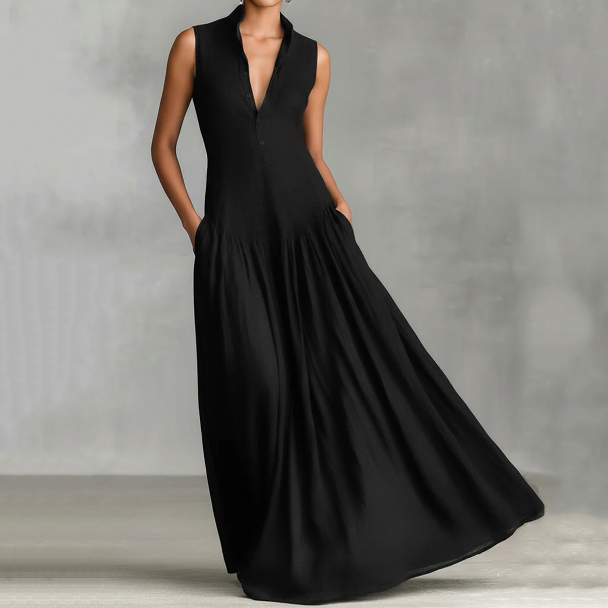 French Classic Slim Fit V-neck Cotton Linen Sleeveless Maxi Dress