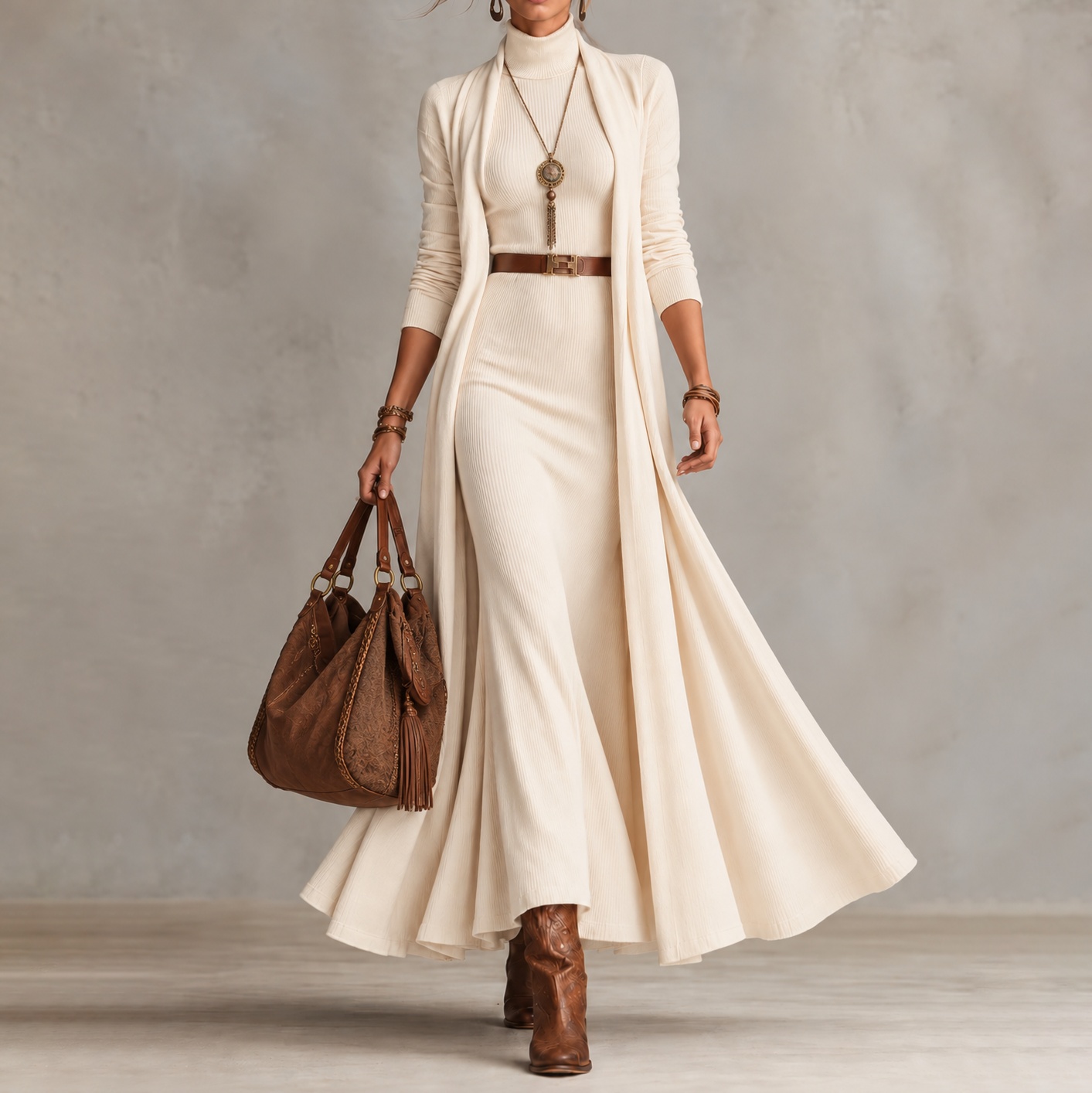 Elegant Turtleneck Dress And Cardigan Sweater Set