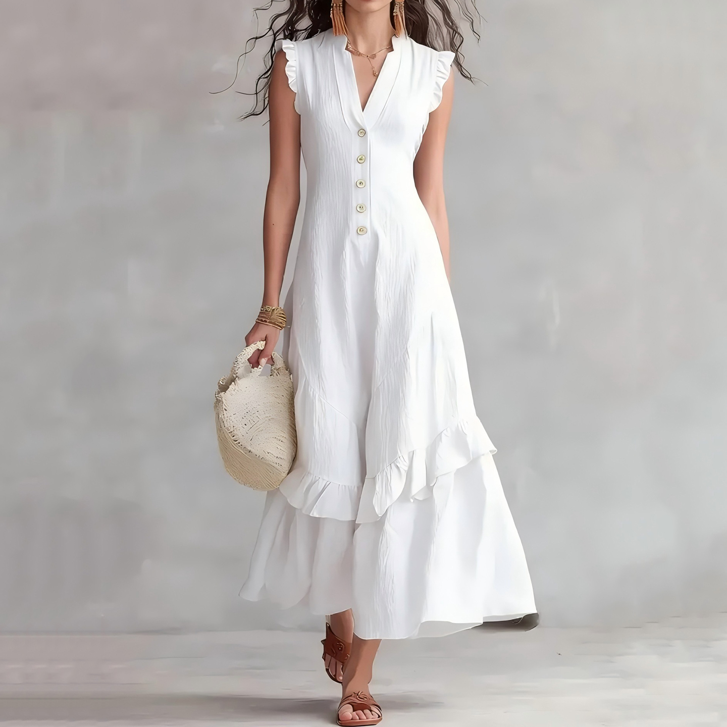Elegant Minimalist Ruffled Sleeveless Linen Dress