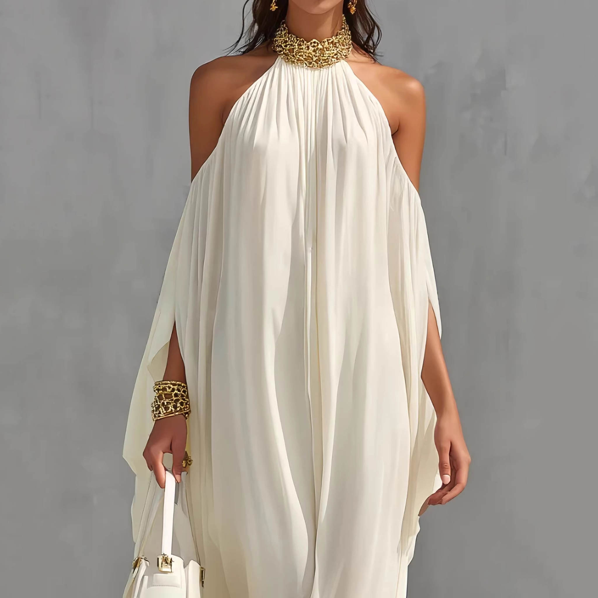 Fashion Chiffon Metal Halter Neck Off-shoulder Elegant Loose-fitting Maxi Dress