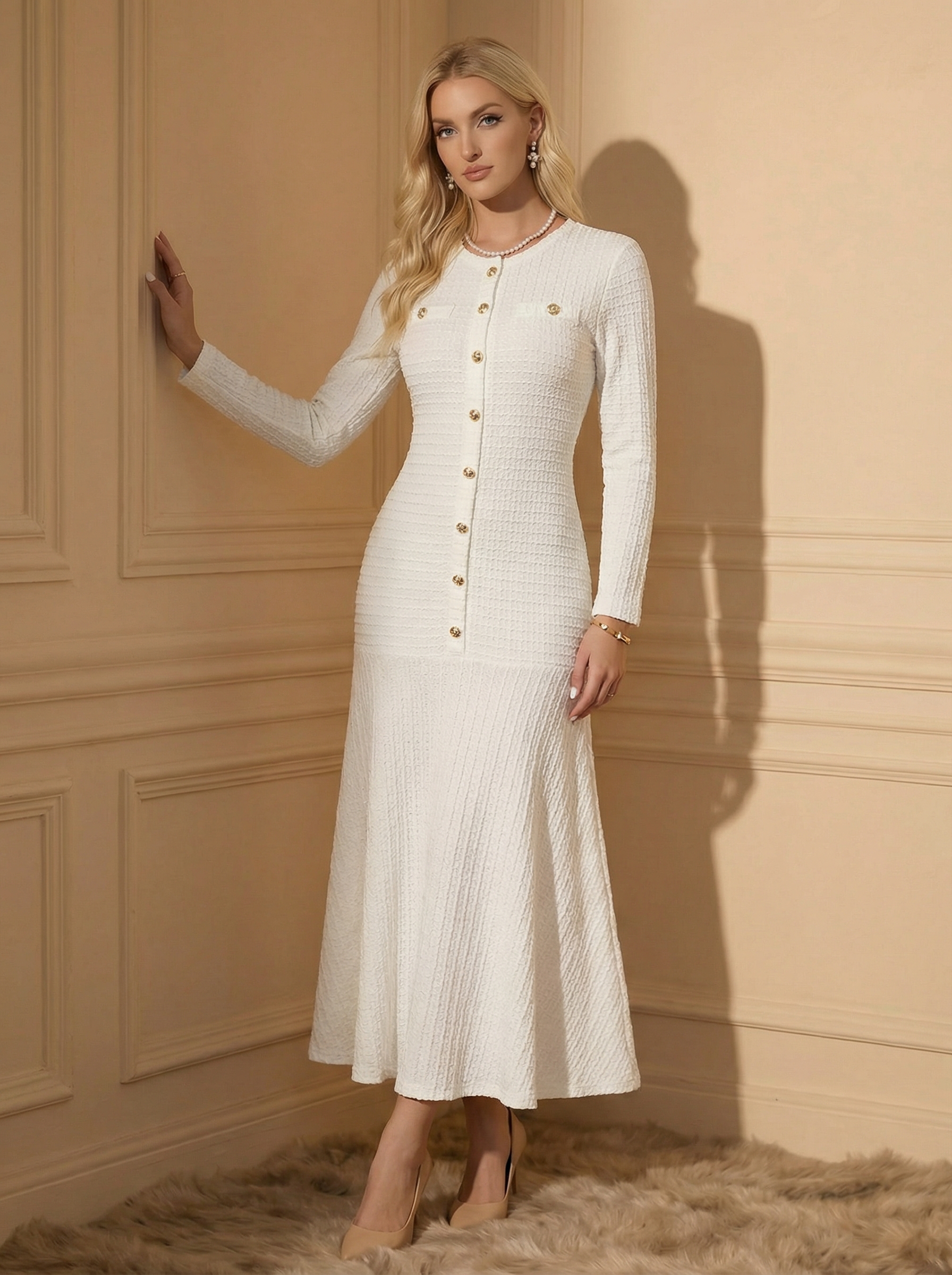 Women's Elegant Style Button Long Sleeve Solid Color Dress