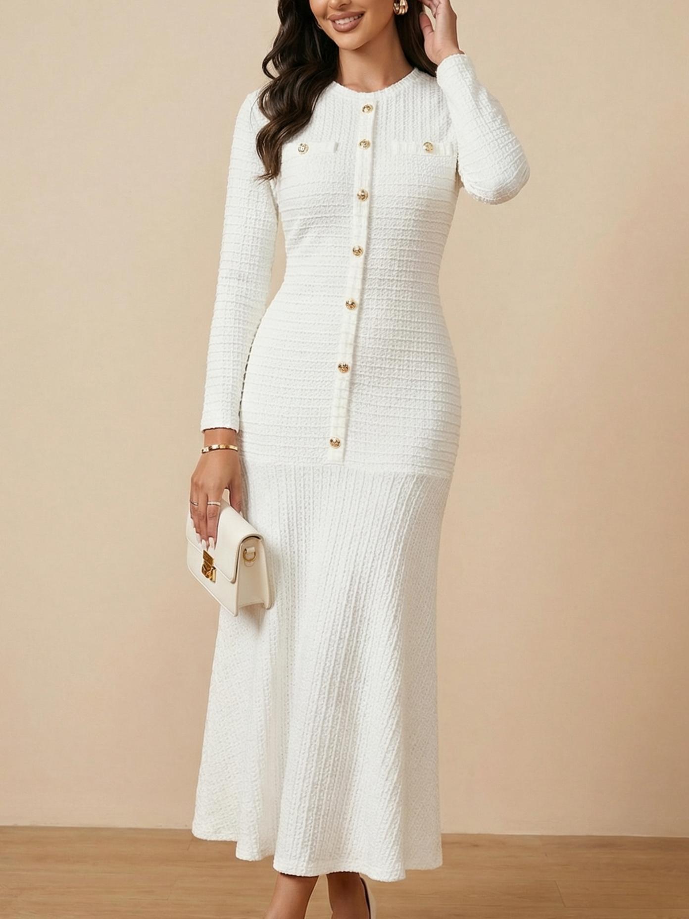 Women's Elegant Style Button Long Sleeve Solid Color Dress