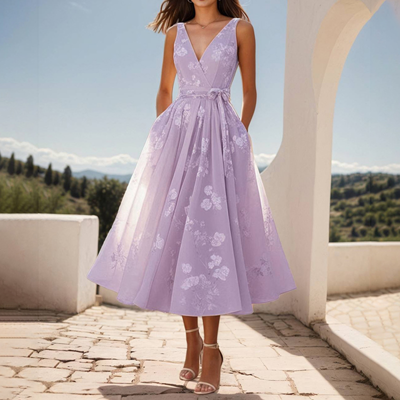 Women's Bow Belt Digital Print Sleeveless V-neck Midi Dress