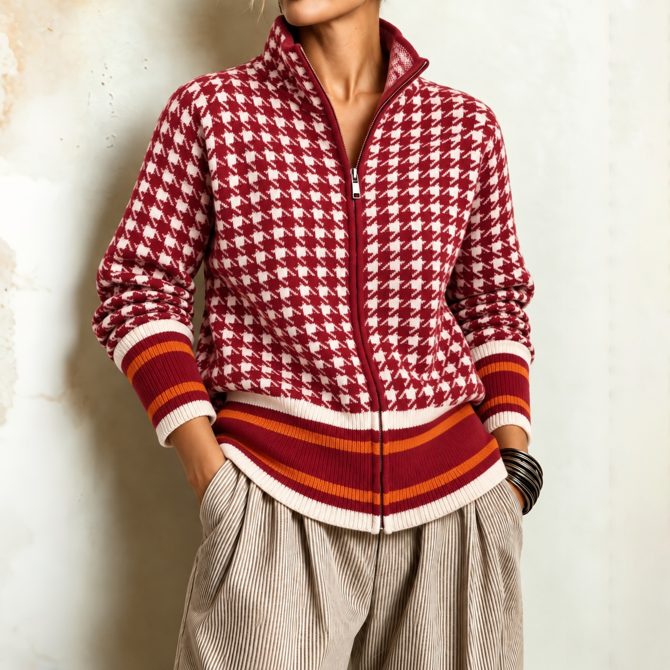 Women's Fall Winter Cozy Houndstooth Stand-collar Zip-up Knit Cardigan
