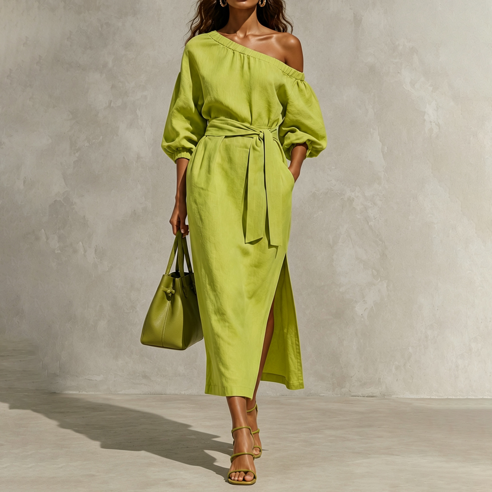 Elegant One-shoulder Long Sleeves With Tie Maxi Dress