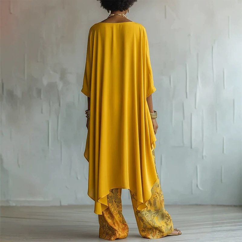 Elegant Flower Print Irregular Shirt And Wide Leg Pants Two Piece Set