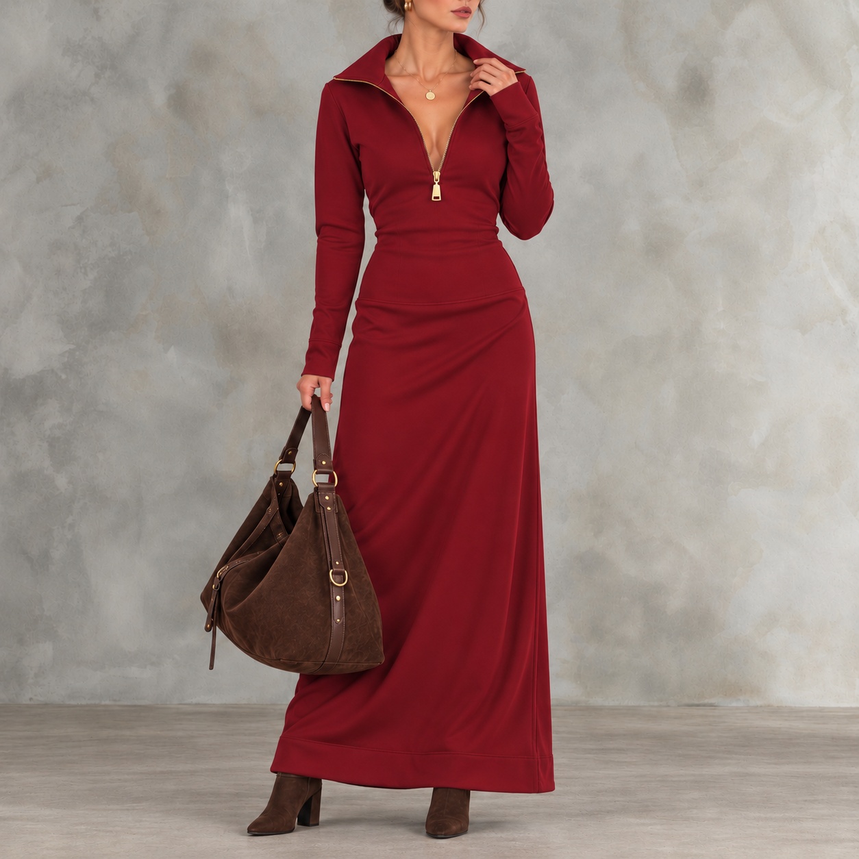 Elegant Solid-color Long-sleeve Casual Polo With A Half-zip Collar Maxi Dress