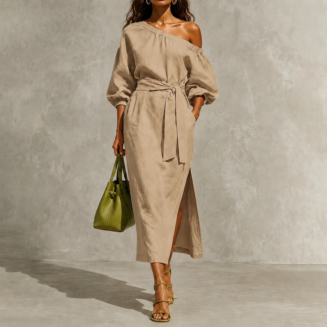 Elegant One-shoulder Long Sleeves With Tie Maxi Dress