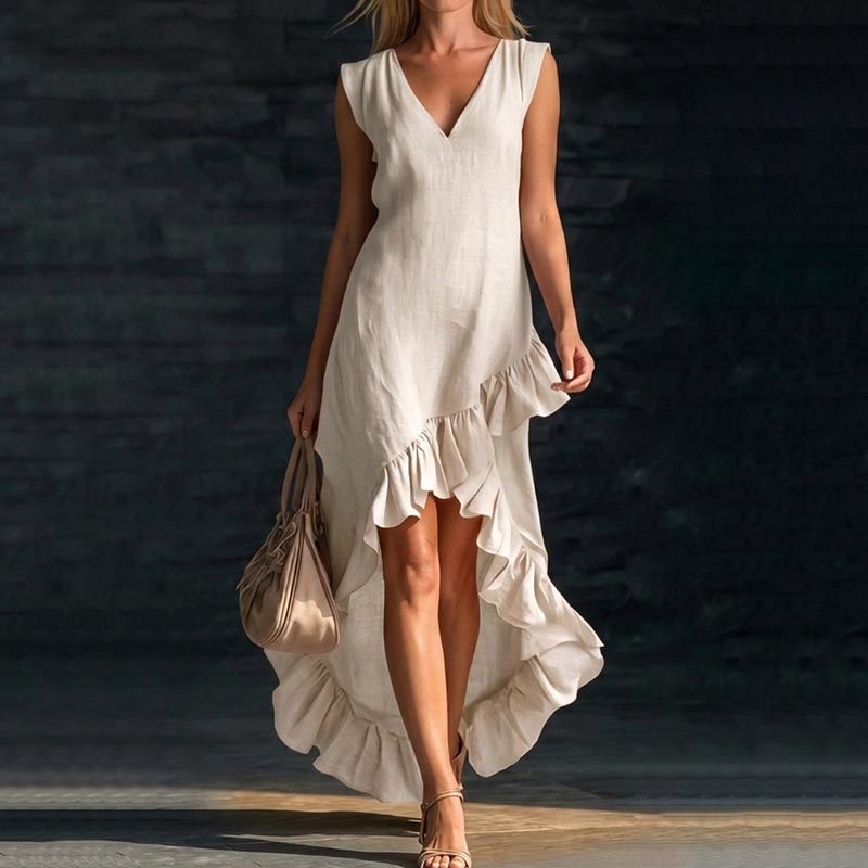 Sleeveless V-neck Ruffled Hem Linen Dress