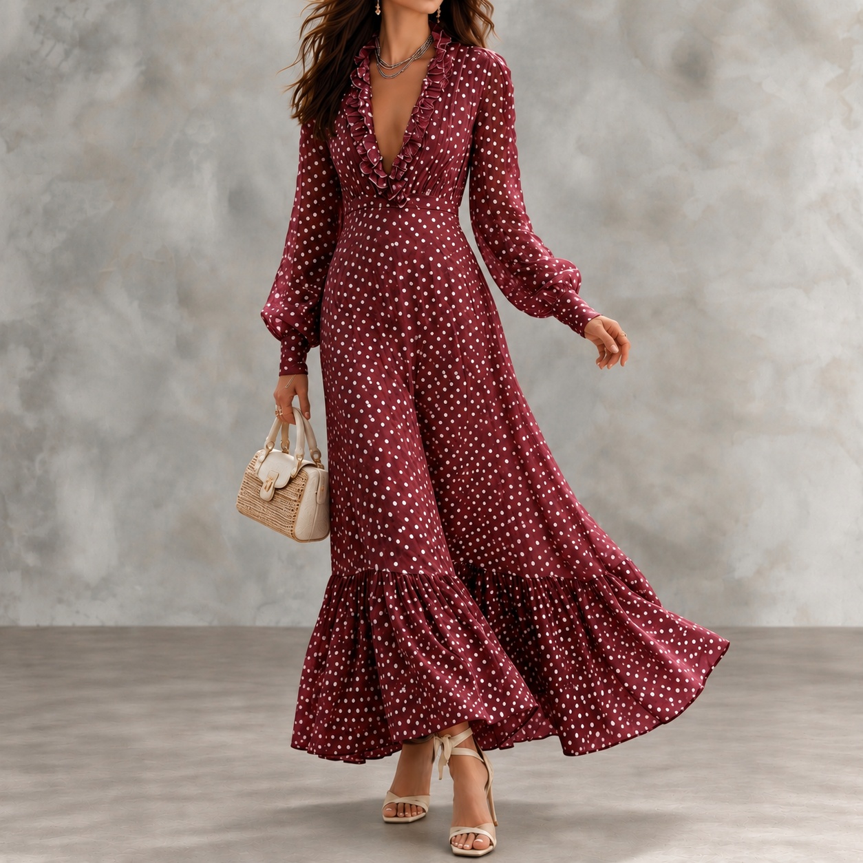 Polka-dot Deep-V Maxi Dress