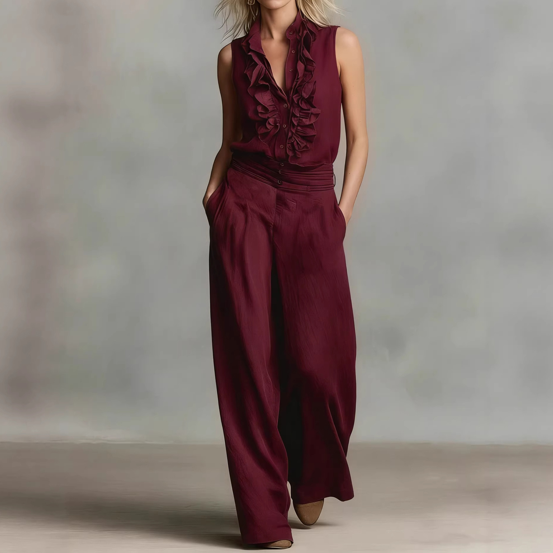 Simple Linen Blend Sleeveless Shirt And Wide-leg Pants Set