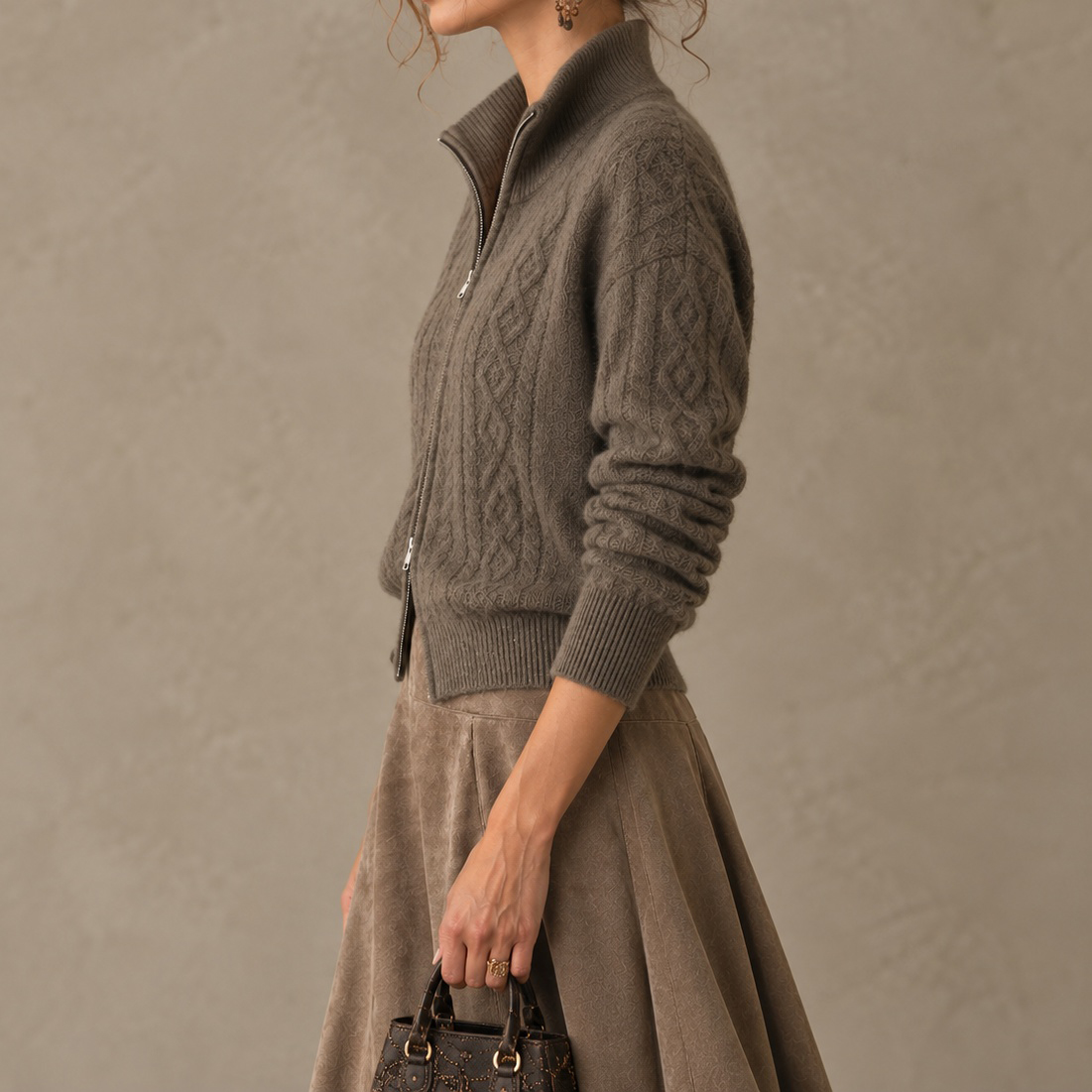 Elegance Long-sleeve Cashmere Knit Cardigan With Two-way Zipper