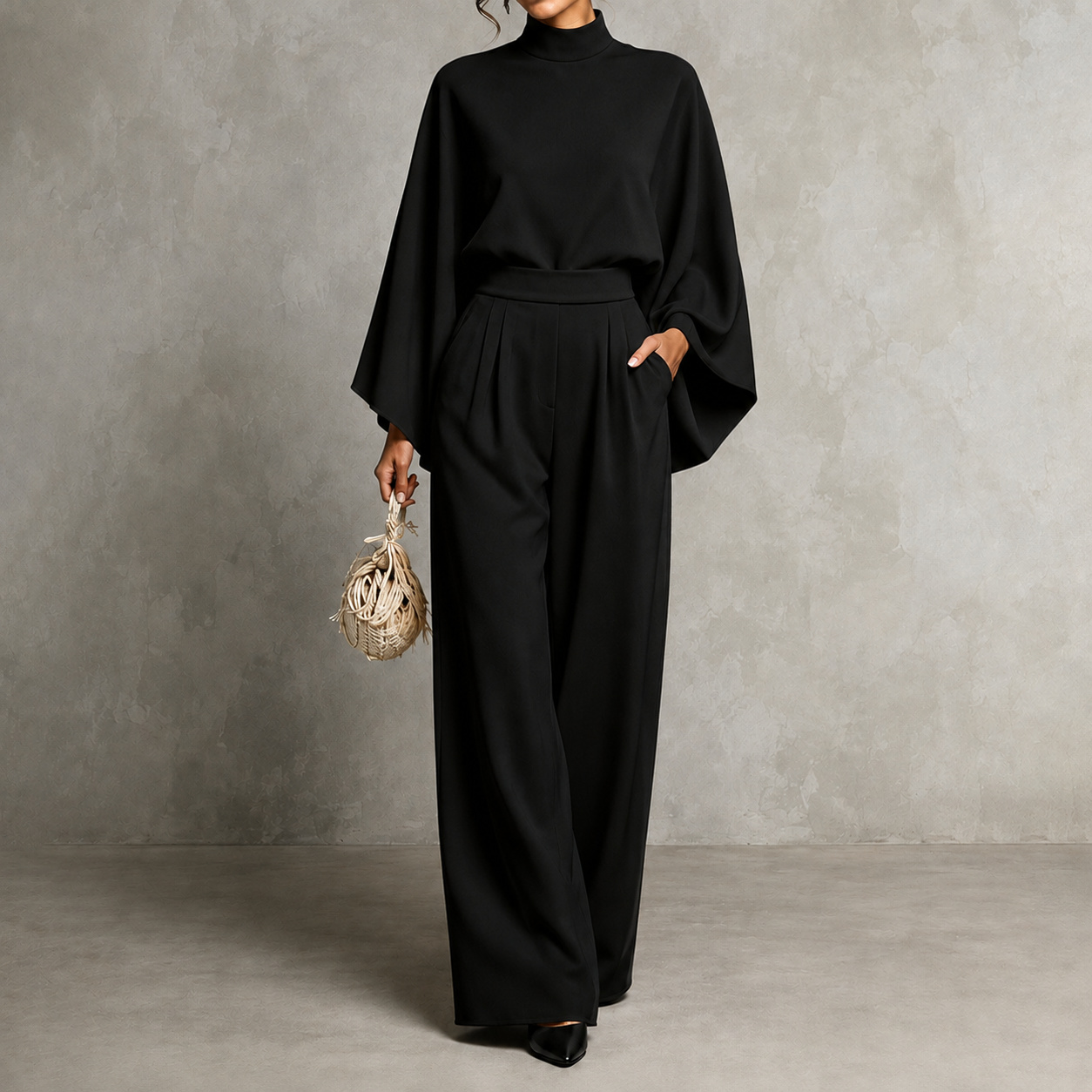 Elegance Solid Color Turtleneck Top + Loose Wide-leg Pants Two-piece Set