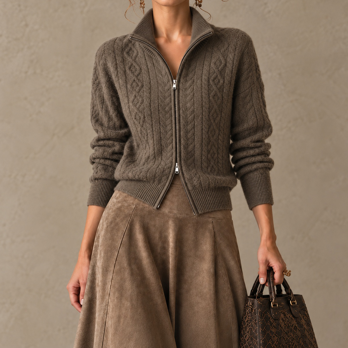 Elegance Long-sleeve Cashmere Knit Cardigan With Two-way Zipper
