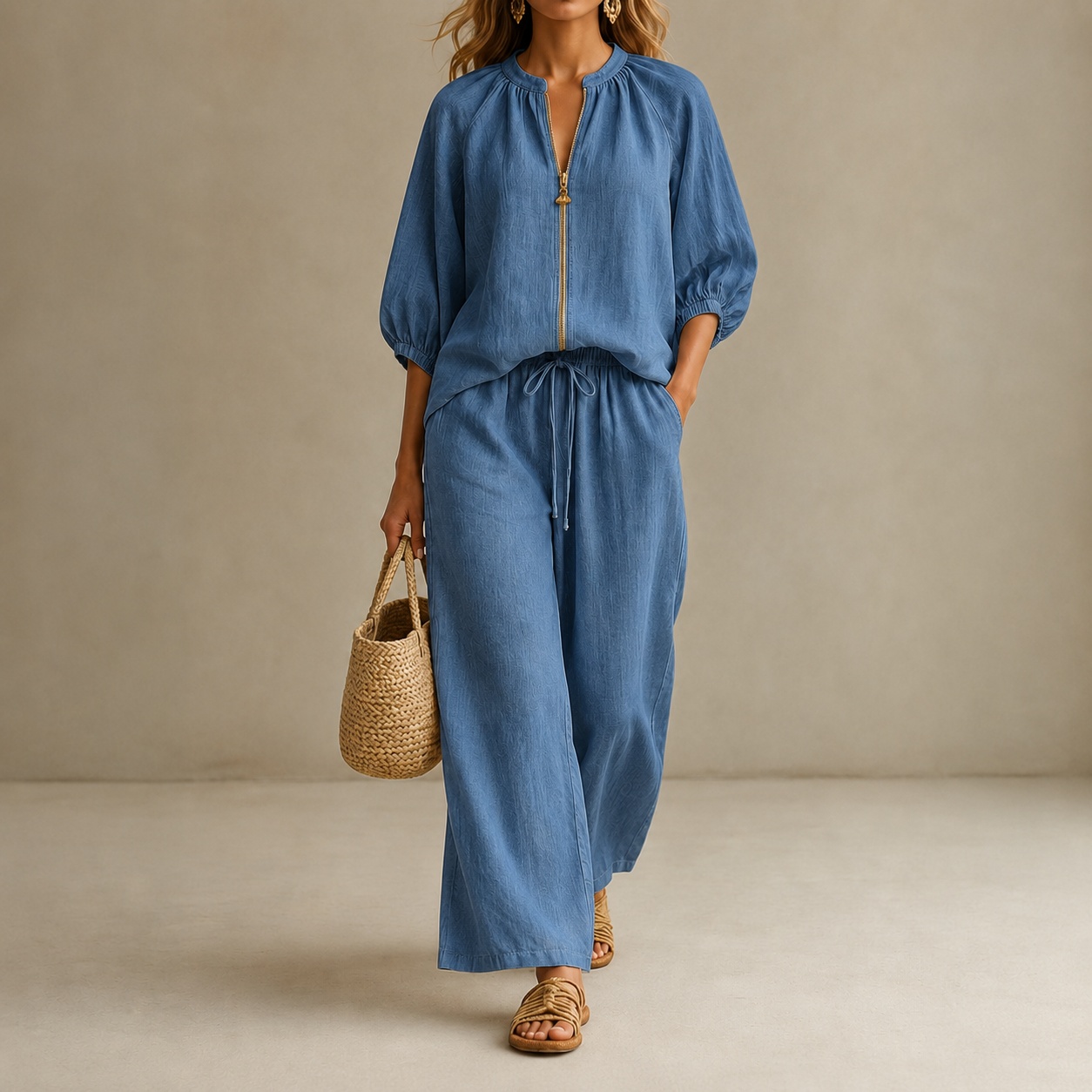 Vacation Loose-fitting Solid Color Zippered Round Neck Wide-leg Pants Suit