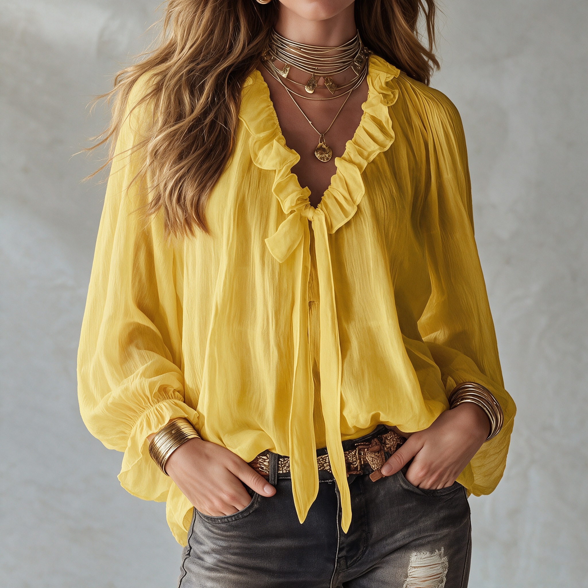Elegant V-neck With Ruffled Tie Blouse