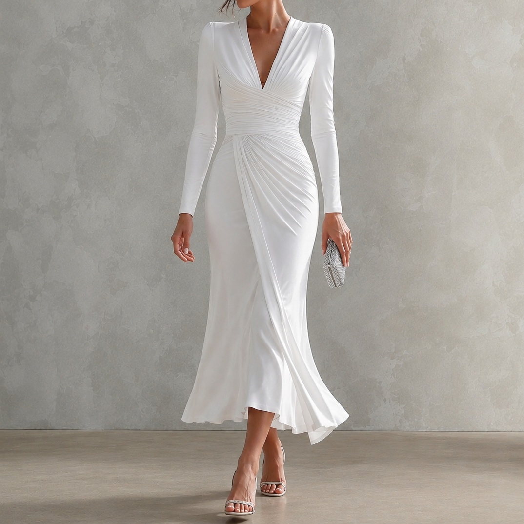 Elegant V-neck Pleated Irregular Long-sleeved Solid Color Maxi Dress