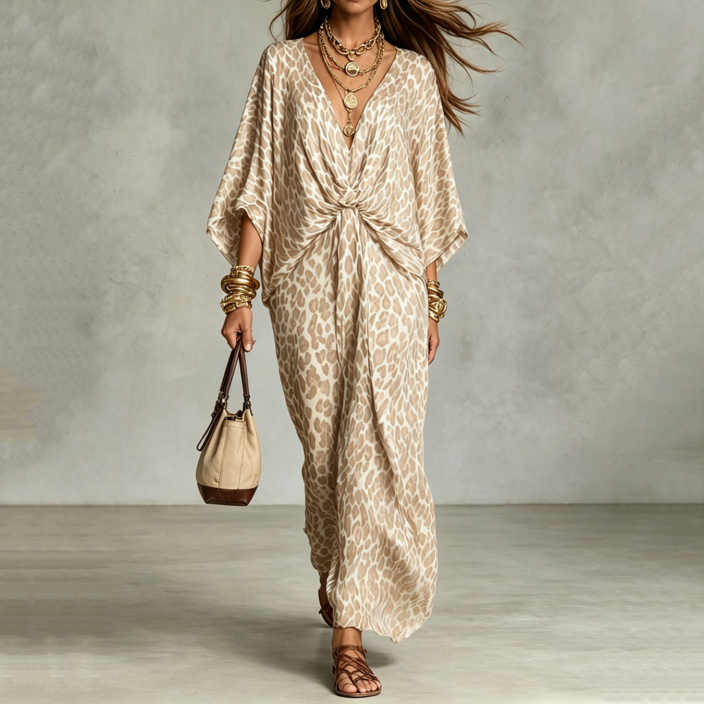 Vacation V-neck  Leopard Print Waist Beach Maxi Dress
