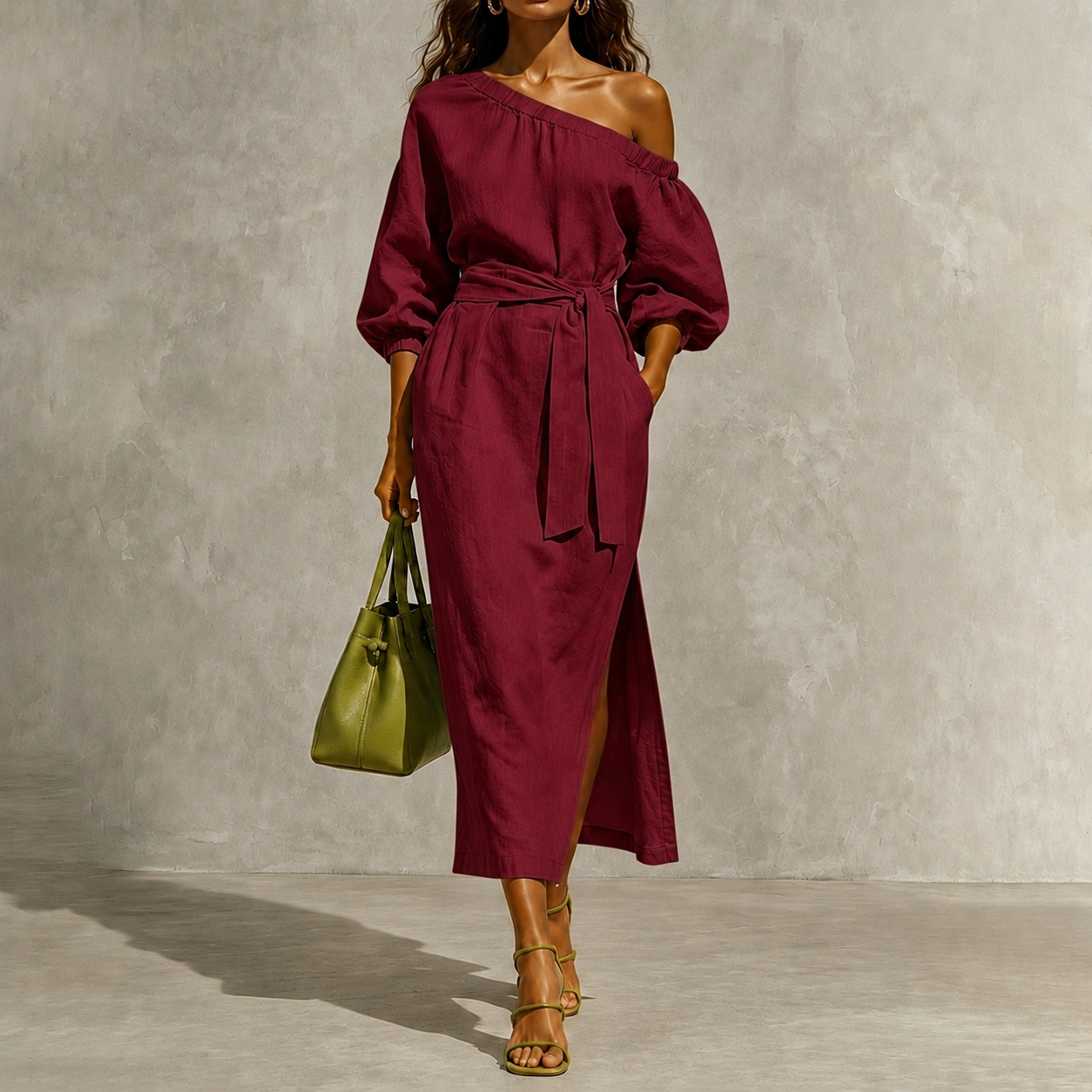 Elegant One-shoulder Long Sleeves With Tie Maxi Dress