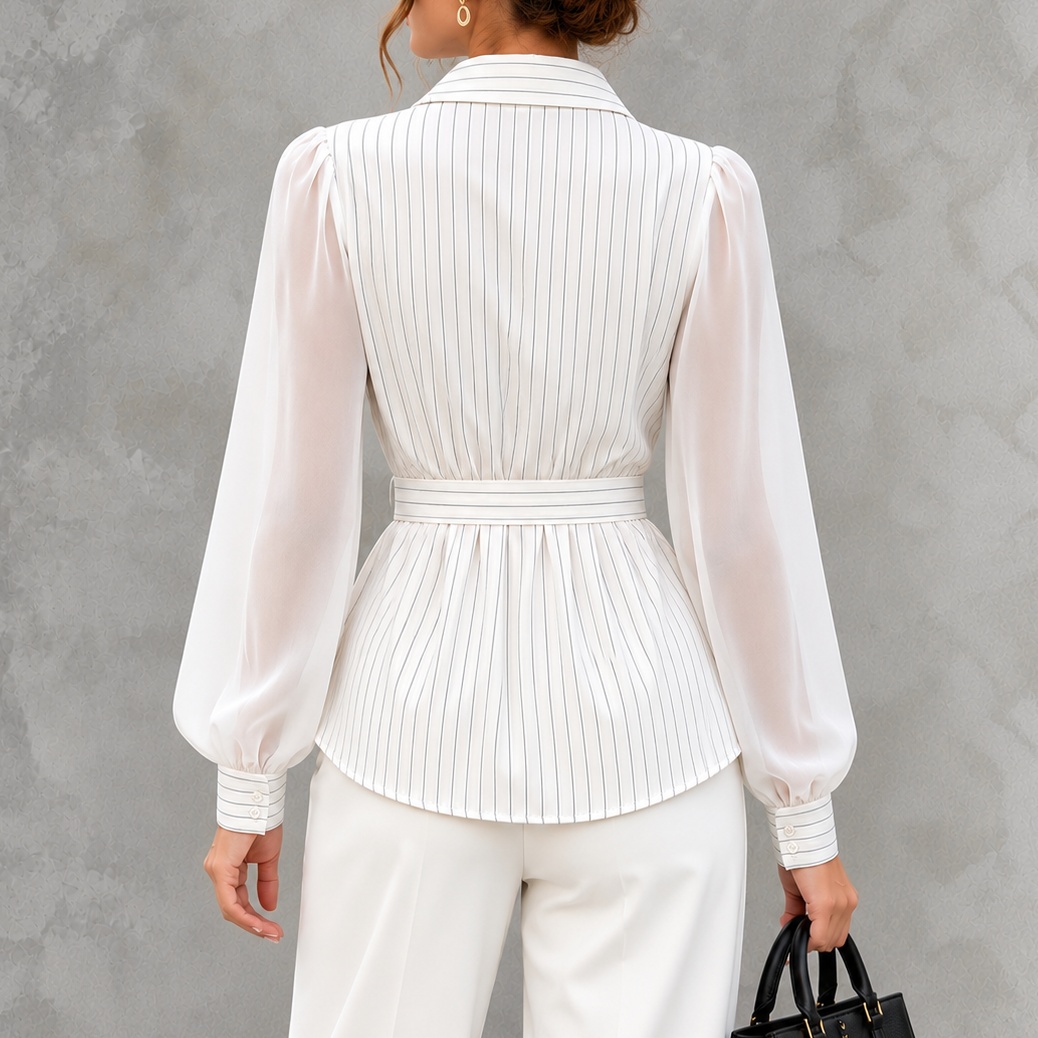 Mesh Panels And Tie-waist Long-sleeve Shirt