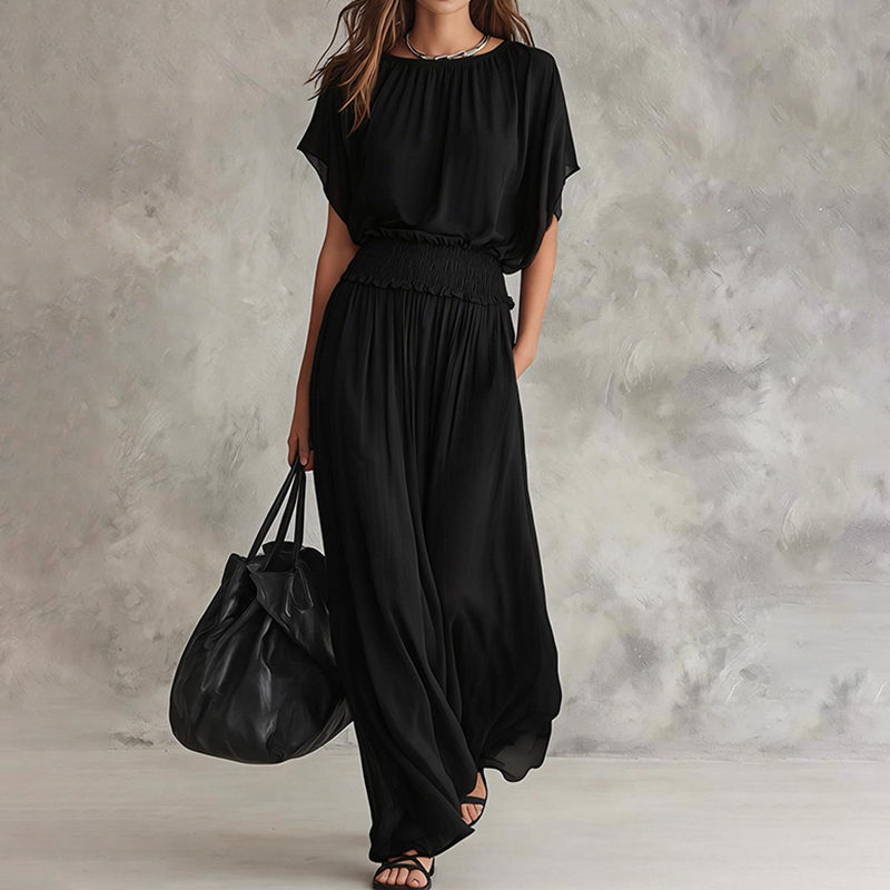 Elegant Solid Color Round Neck Short Sleeve Flowy Maxi Dress
