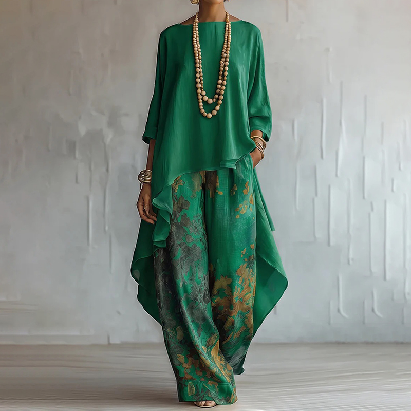 Elegant Flower Print Irregular Shirt And Wide Leg Pants Two Piece Set
