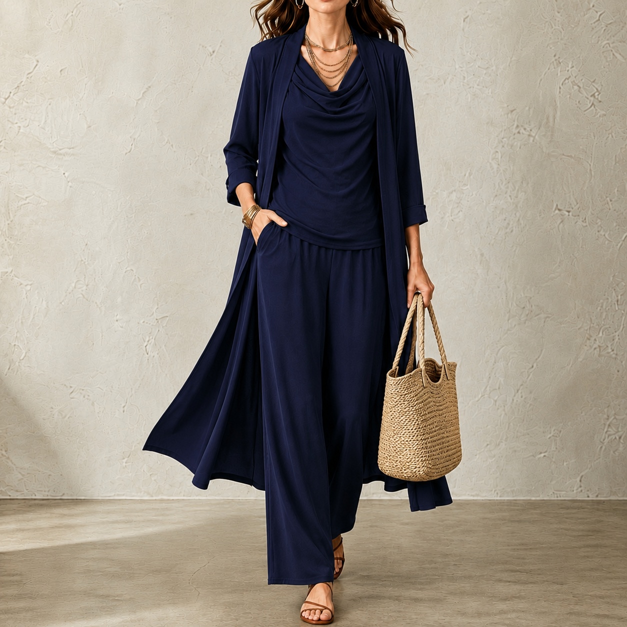 Elegant Three-piece Set: Three-quarter Sleeve Cardigan + Long-sleeved Top + Trousers