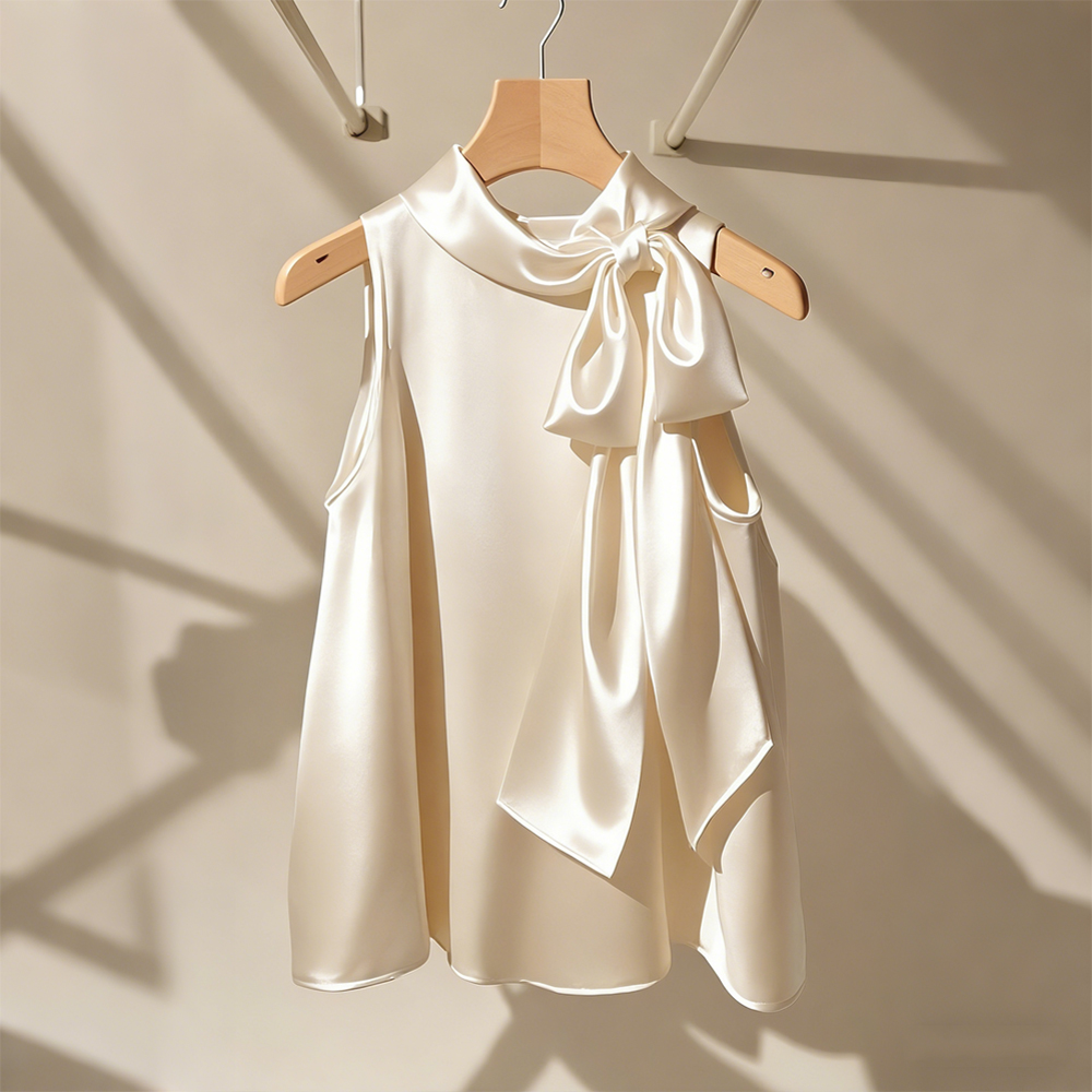 Elegant Champagne White Satin Sleeveless Bow Shirt