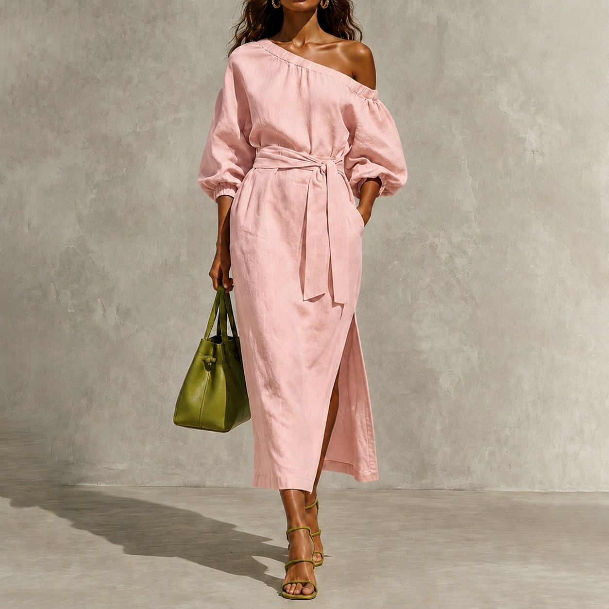 Elegant One-shoulder Long Sleeves With Tie Maxi Dress