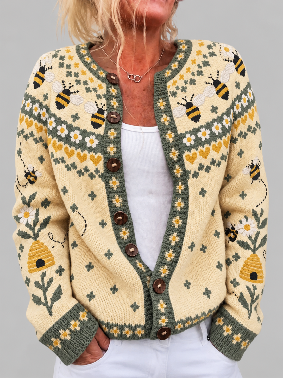 Women's Vintage Bee And Floral Print Casual Knit Cardigan Sweater