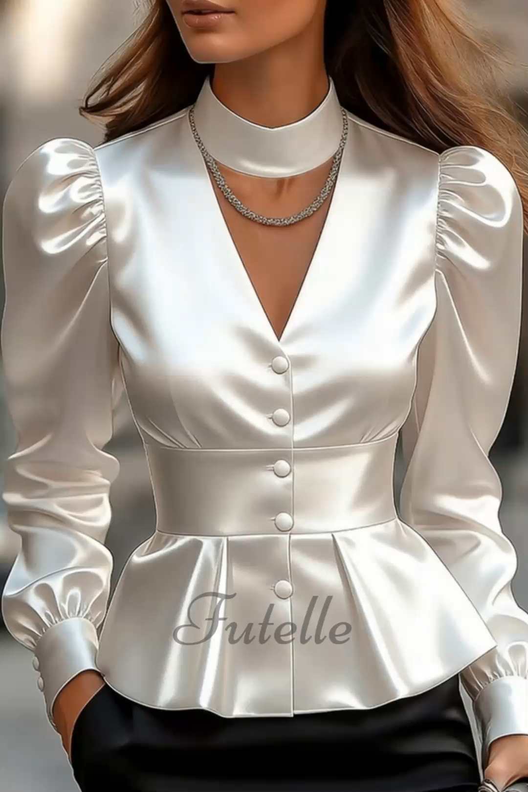 Elegant White Satin Fitted Waist Blouse