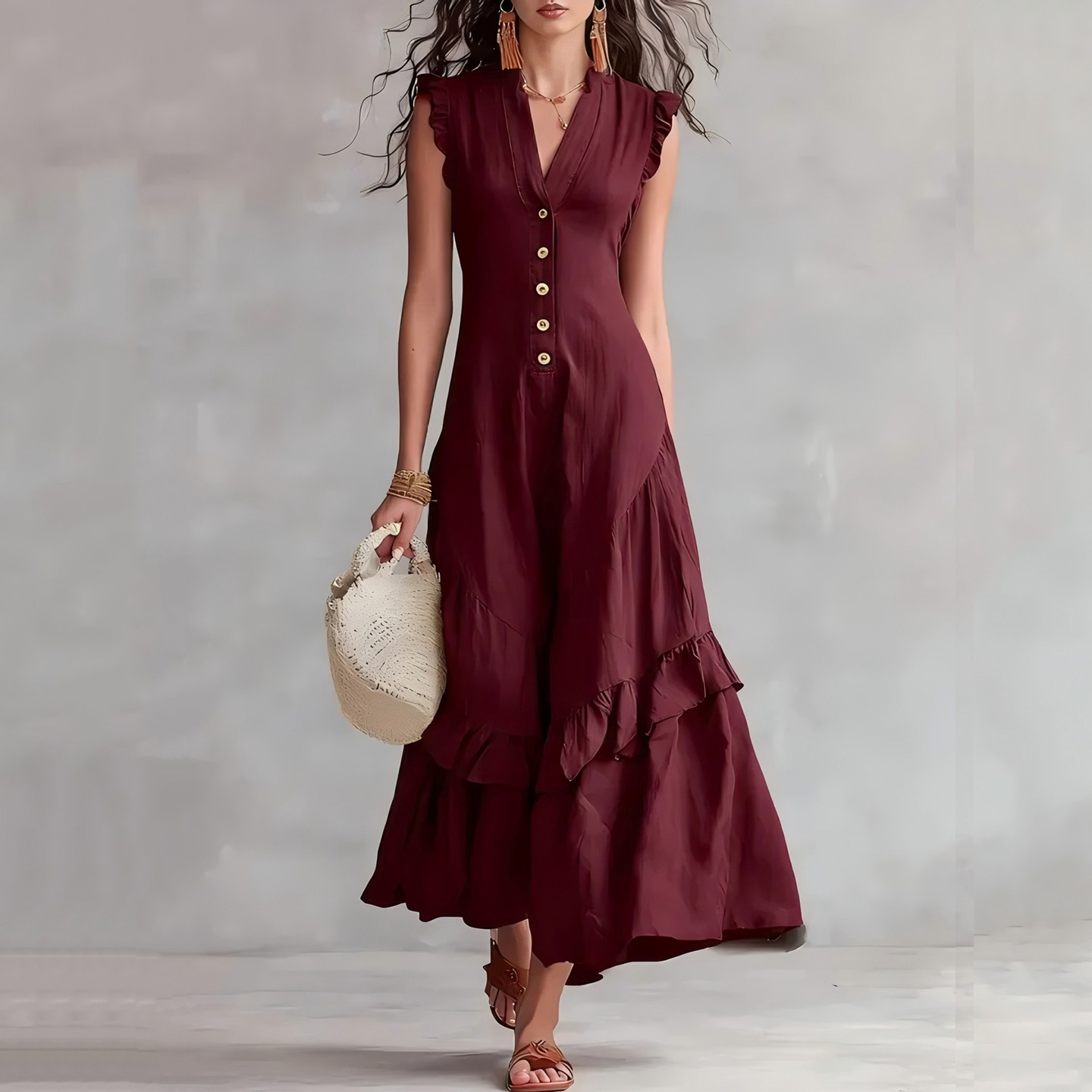 Elegant Minimalist Ruffled Sleeveless Linen Dress