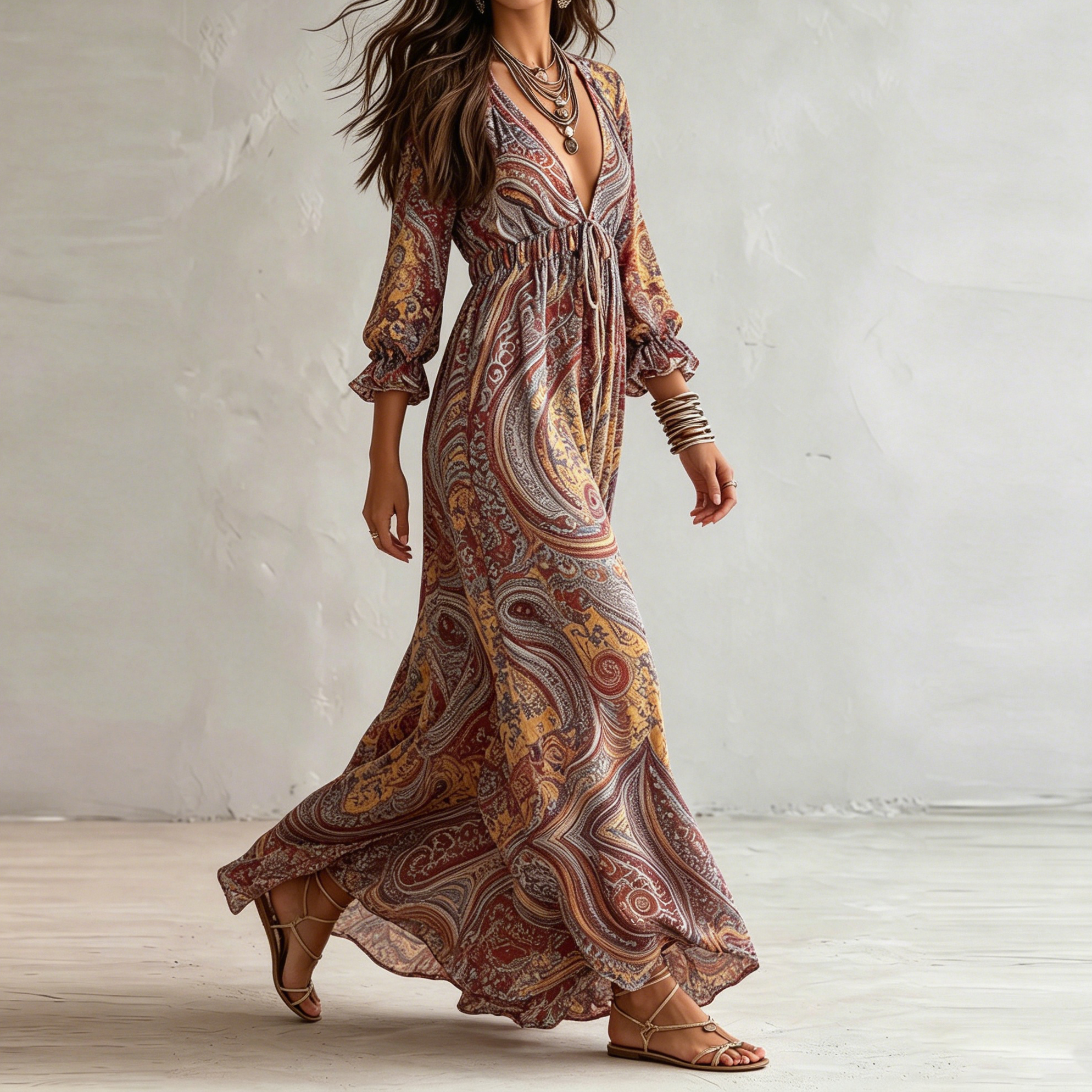 Retro Colorful Printed V-neck Irregular Ruffles Maxi Dress