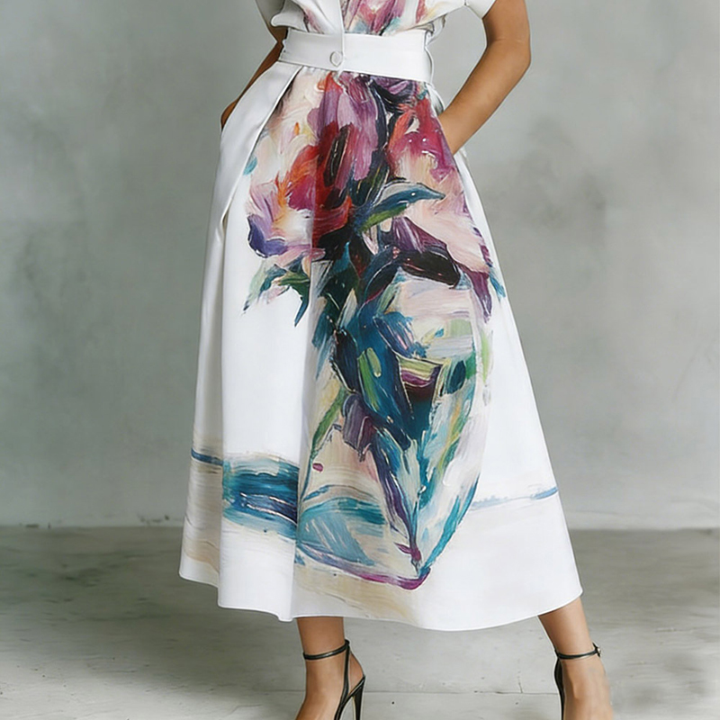 Urban Floral Printing Shirt Collar Midi Dress
