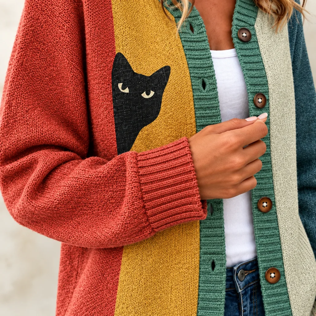 Playful Black Cat Colorblock Button Front Knit Cardigan Sweater
