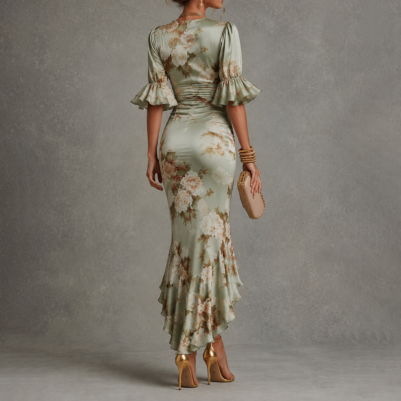 Retro V-neck Printed Ruffles Maxi Dress