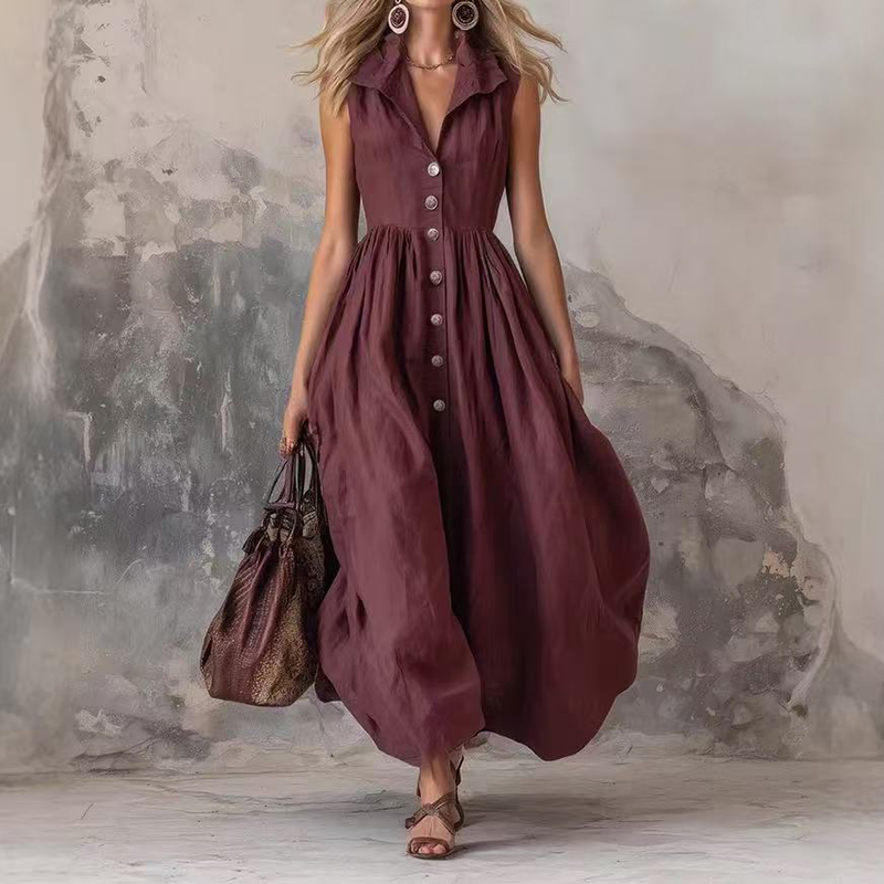 Stylish Solid Color Lapel Slim Maxi Dress