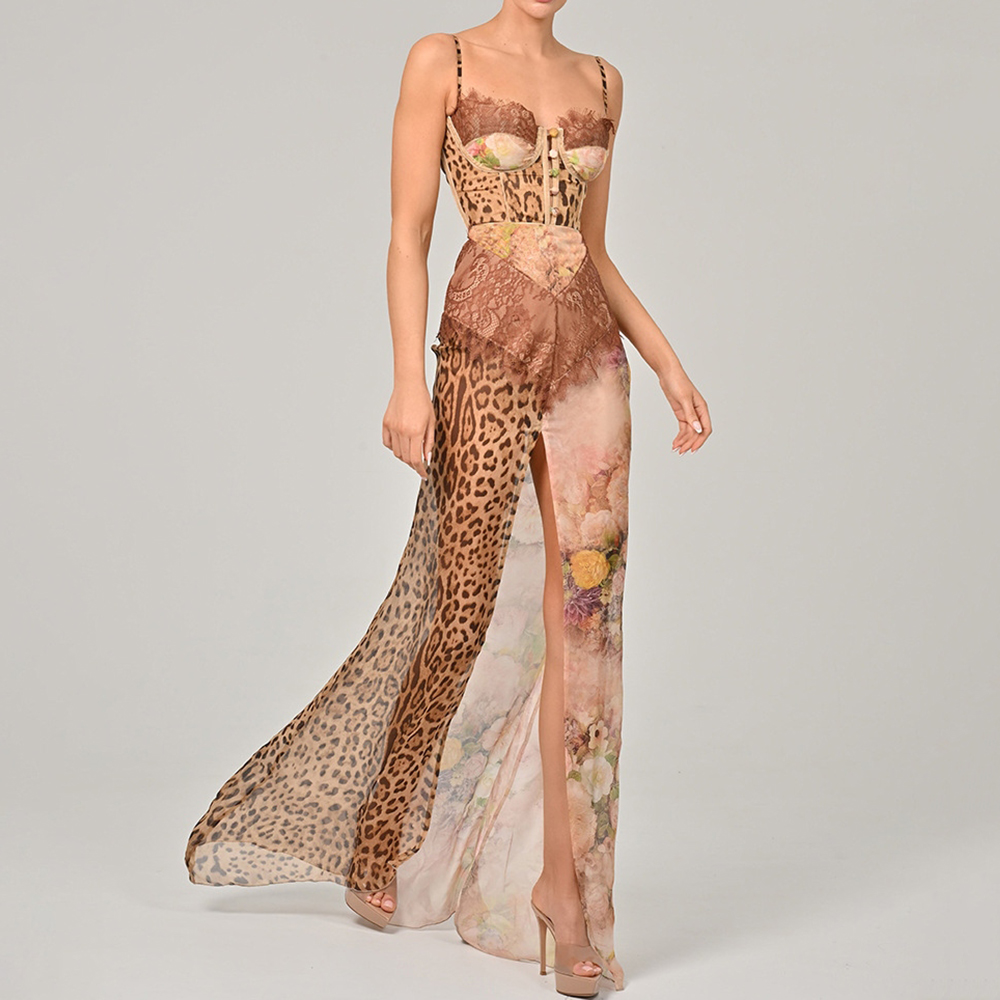 Women's Leopard Print Floral Print Patchwork Slit Dress