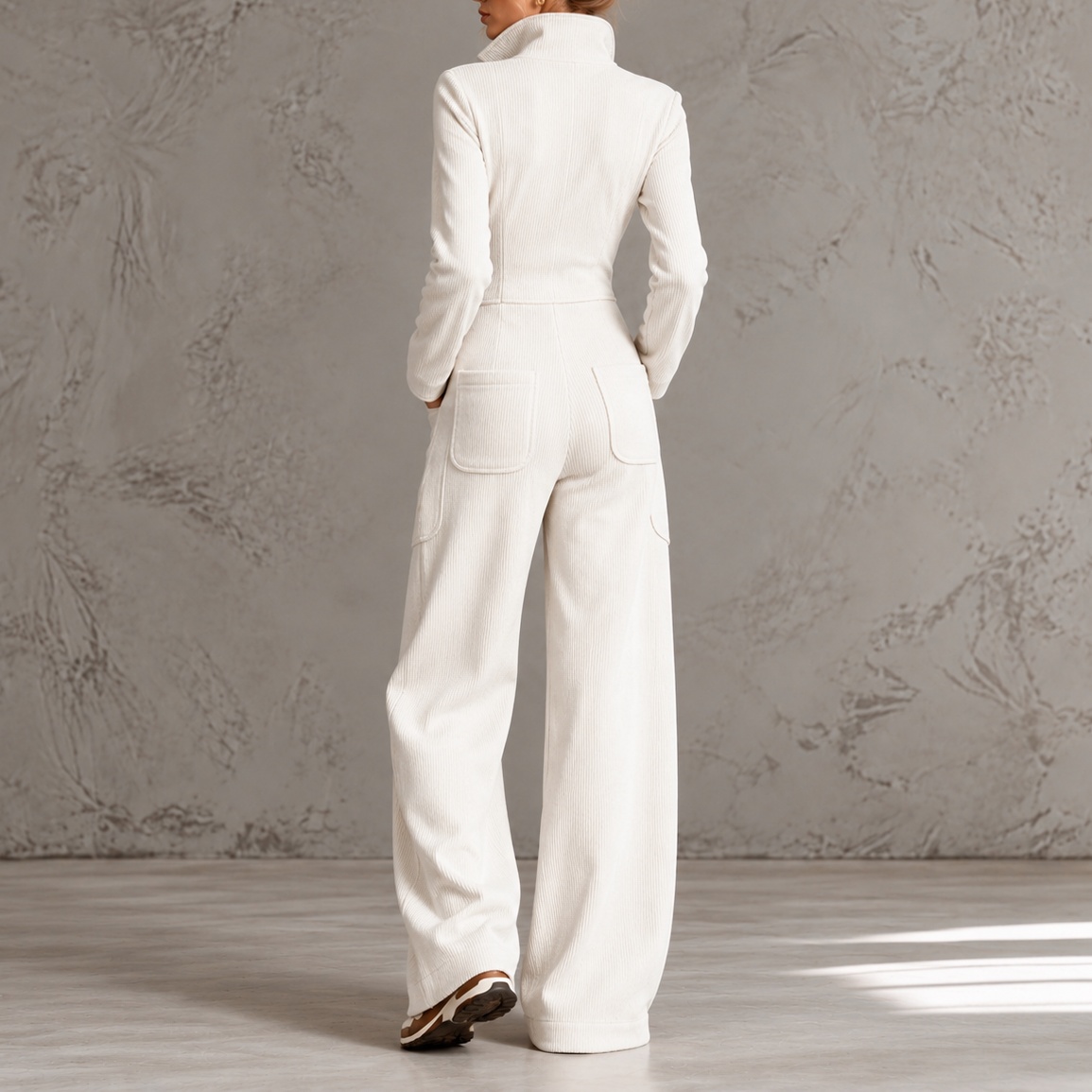 Stand Collar Front Zipper Corduroy Wide-leg Jumpsuit 