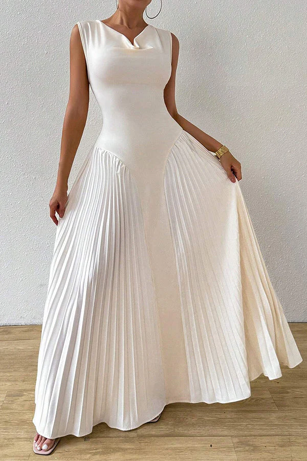 Elegant White Satin Pleated Maxi Dress